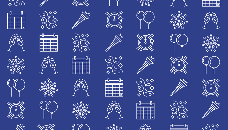 Animated blue, black, and gold image of various New Years icons. Icons are a firework, horn, balloons, snowflake, calendar, and streamers. Icons shift through black and white as background shifts through colors