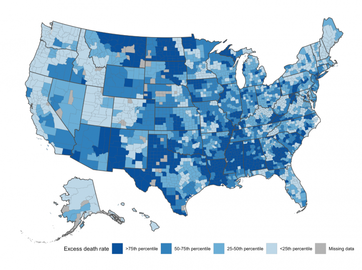 Monthly excess mortality across counties in the United States during the COVID-19 pandemic, March 2020 to February 2022