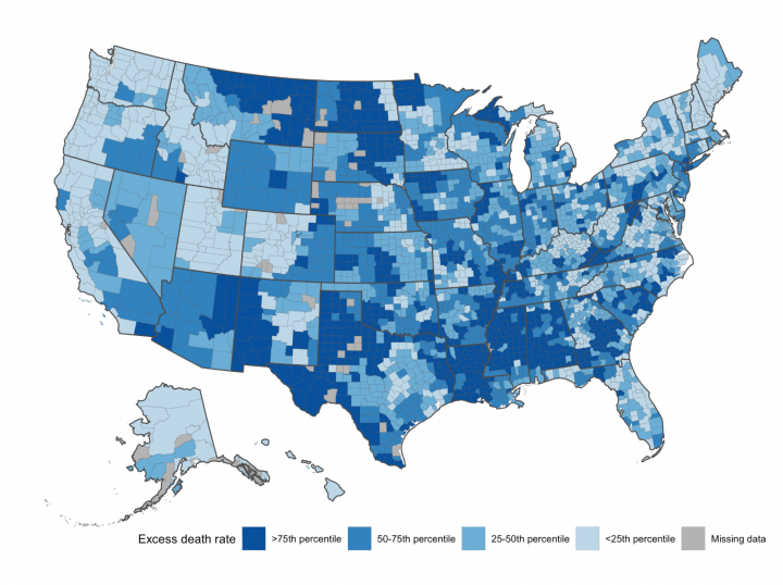 Graph showing the map of the United States that shows excess COVID deaths by county.