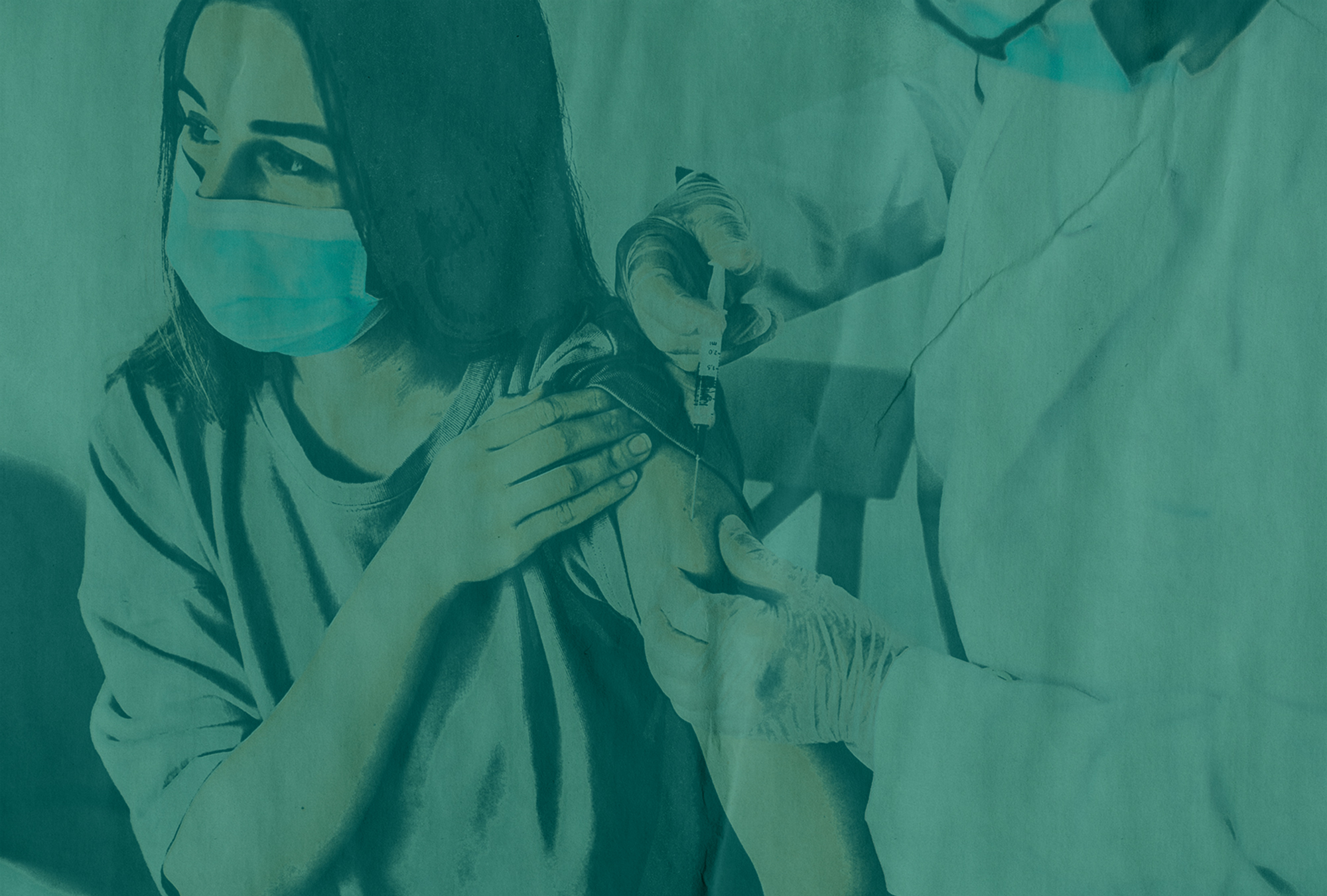 Photo of a young woman with a face mask and brown hair getting vaccinated. The doctor wears a white jacket, gloves and a face mask. An effect is applied to the image that makes it look like it was poorly printed on teal paper.