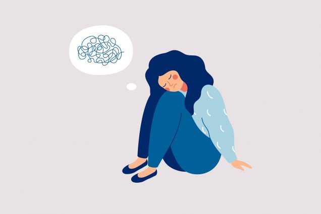 Vector illustration of a Sad girl sitting on the floor with a cloud bubble displaying tangled thoughts.