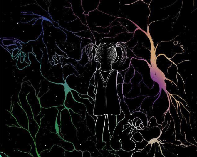 Illustration by Hyewon Jung showing a young girl holding a teddy bear in her right hand and a balloon in her left. She is surrounded by branching synapses. The color of the lines is rainbow on a black background.