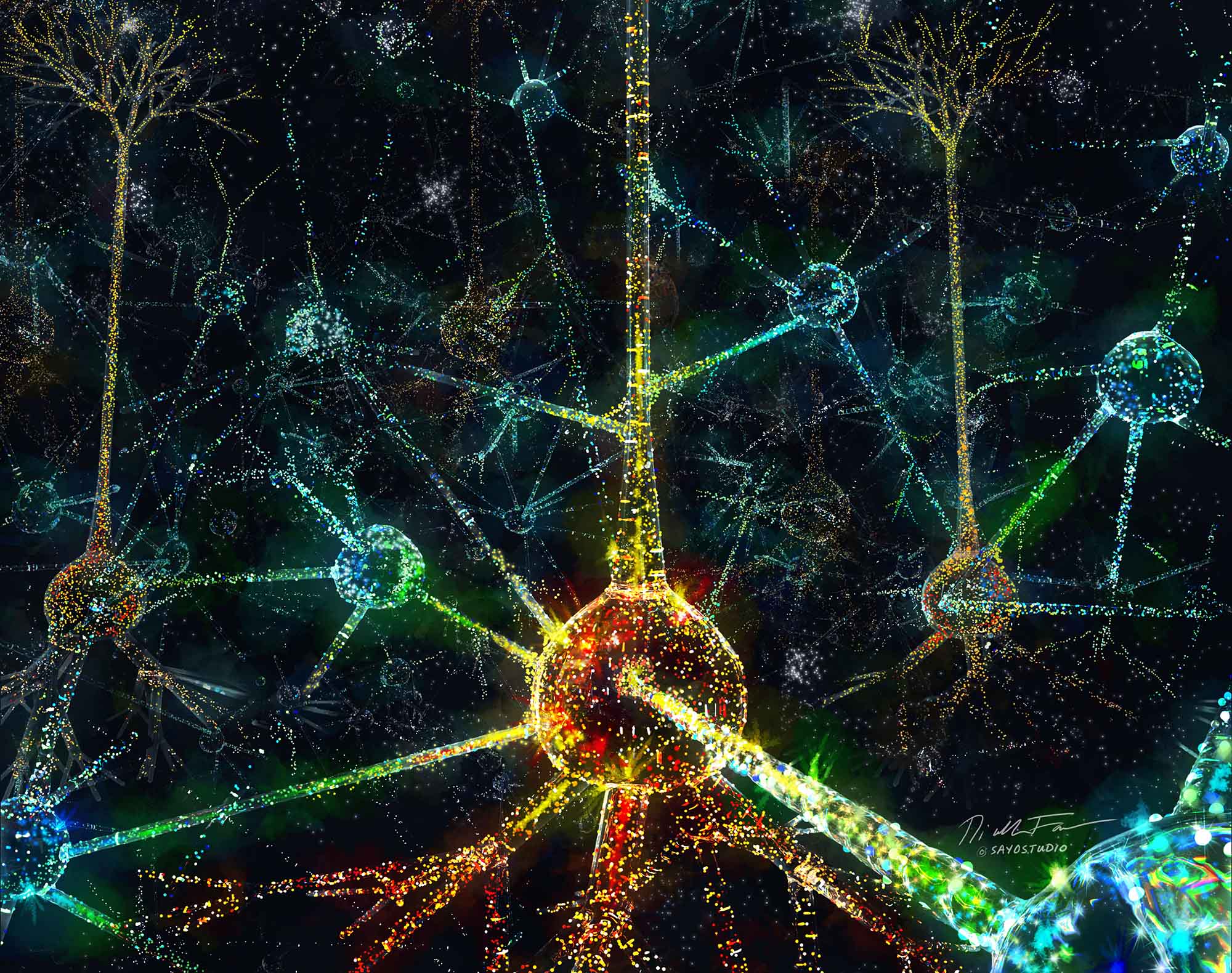 Abstract illustration of circuit hubs in the brain. A series rainbow colored networks are seen on a black background.