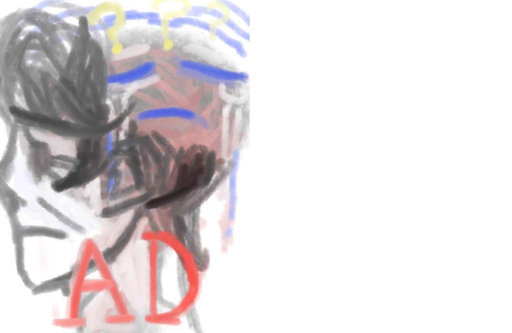  Illustration of a head looking off to the left, at right a large blank white space. The head has blue and red lines where the hair would be and "AD" is written in red below the head's chin.