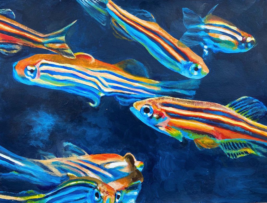 Closeup painting of a school of small fish. They have darker blueish strips and the light parts of their bodies are orangey yellow. The water is deep blue behind them.