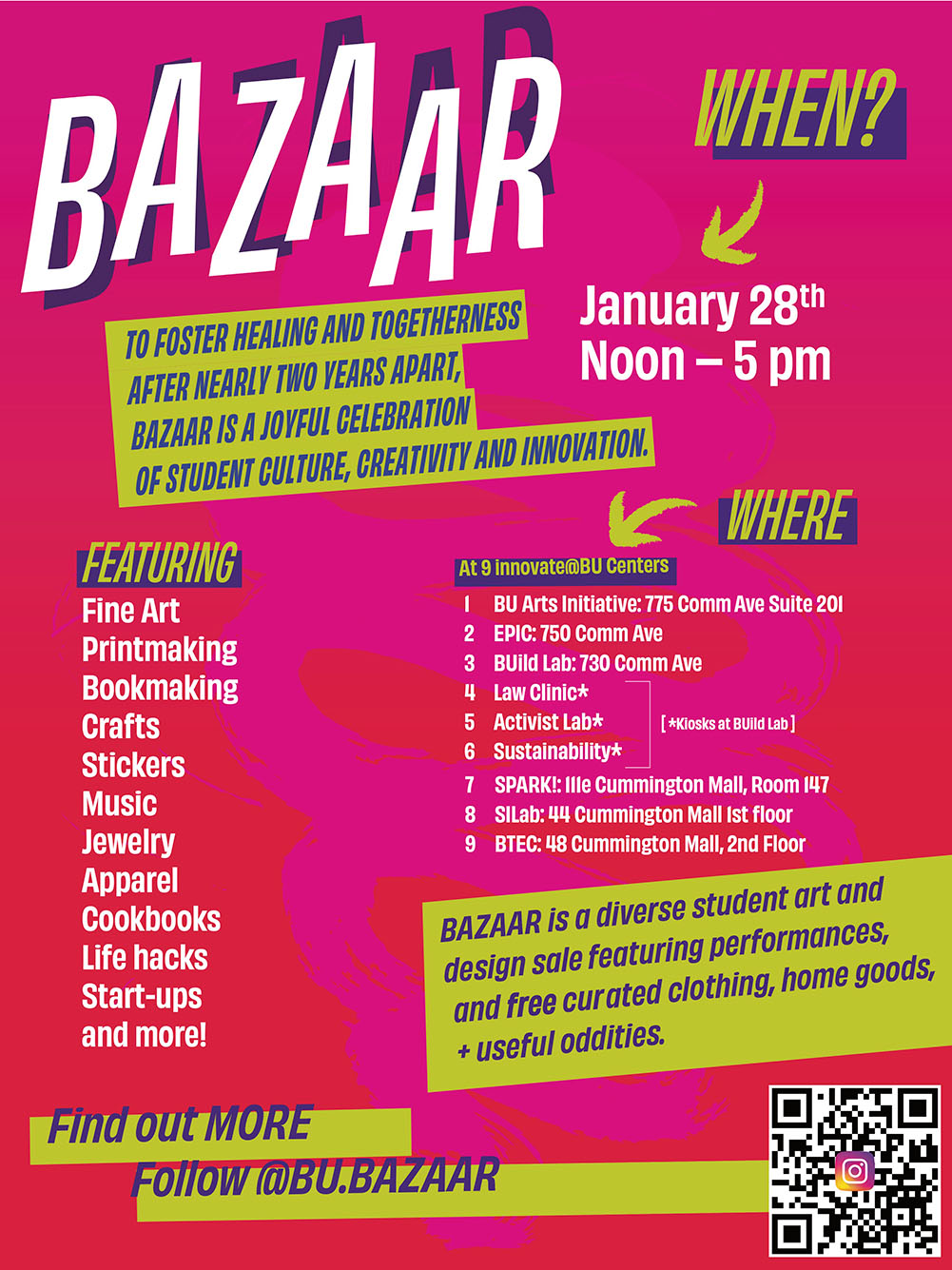 poster featuring the details of the BU Bazaar on January 28, 2022. Neon pink poster lists where and when Bazaar takes place as well as what crafts can be found there.