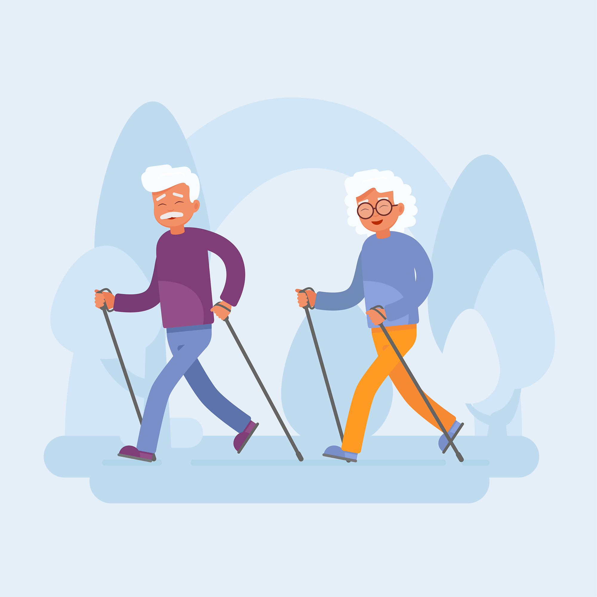 Vector illustration of a happy Senior Couple nordic walking with hiking sticks In a light blue Park.