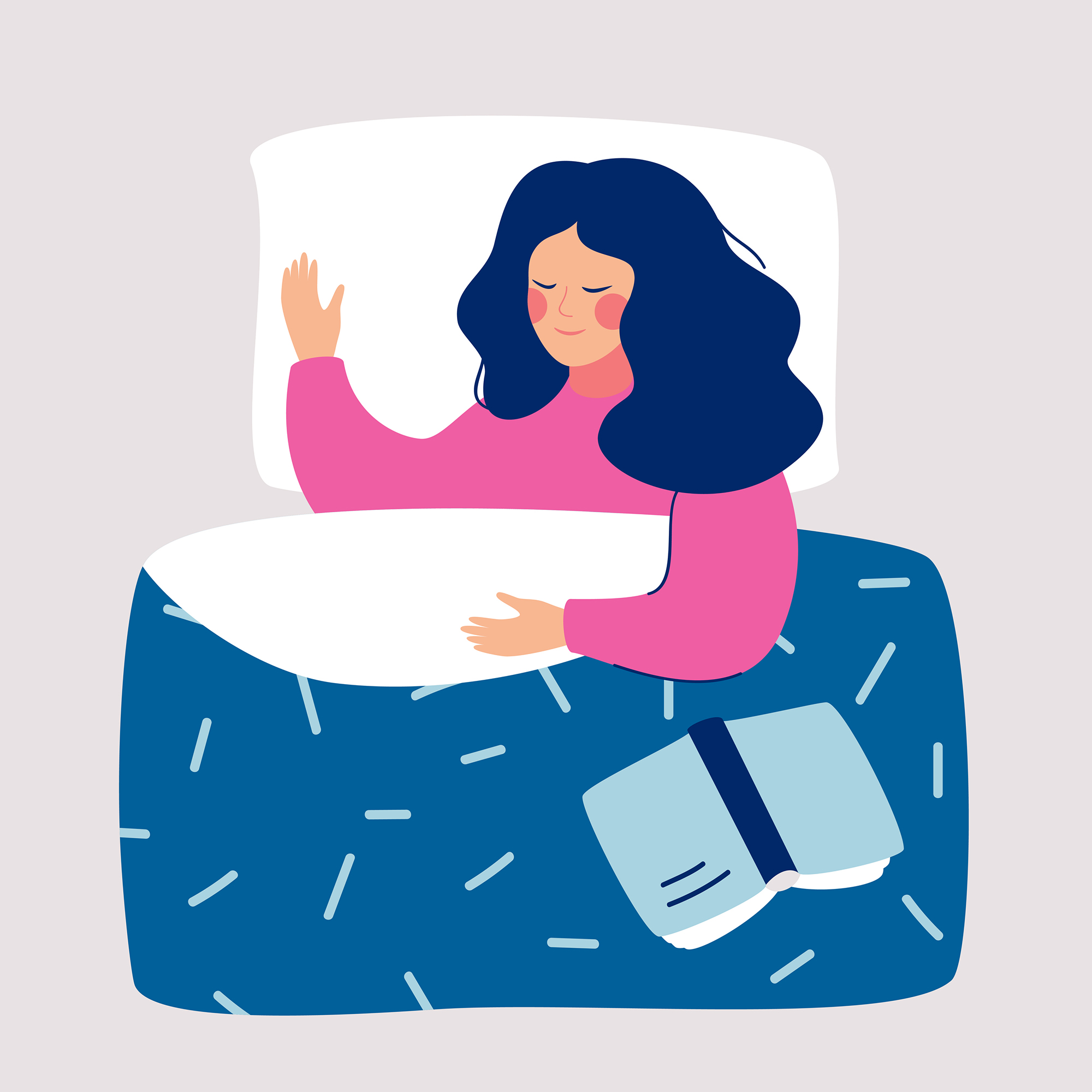 Vector illustration of a Woman sleeping at night in her bed with open book