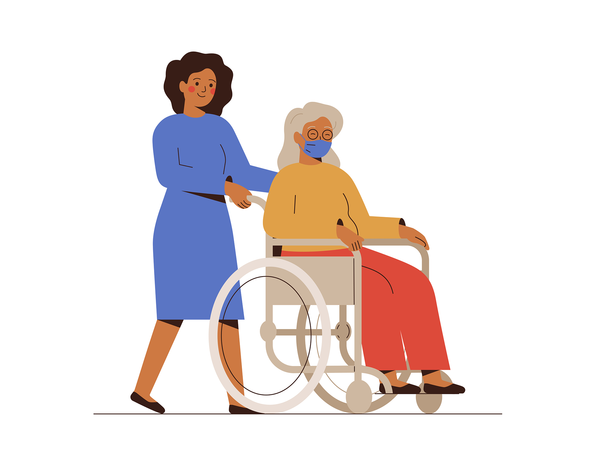 Vector illustration of a Nurse or social worker helping an elderly disabled patient by guiding their wheelchair.