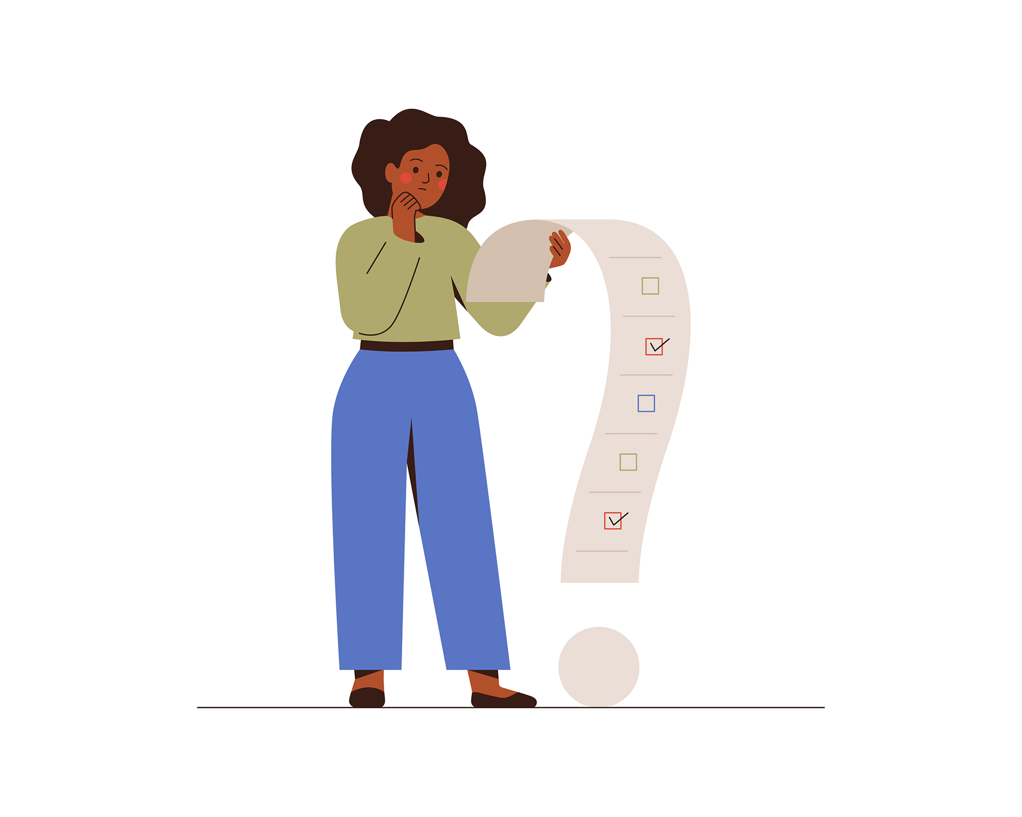 Vector illustration of a Black woman holding a list in the shape of a question mark. A few boxes are checked with red check marks