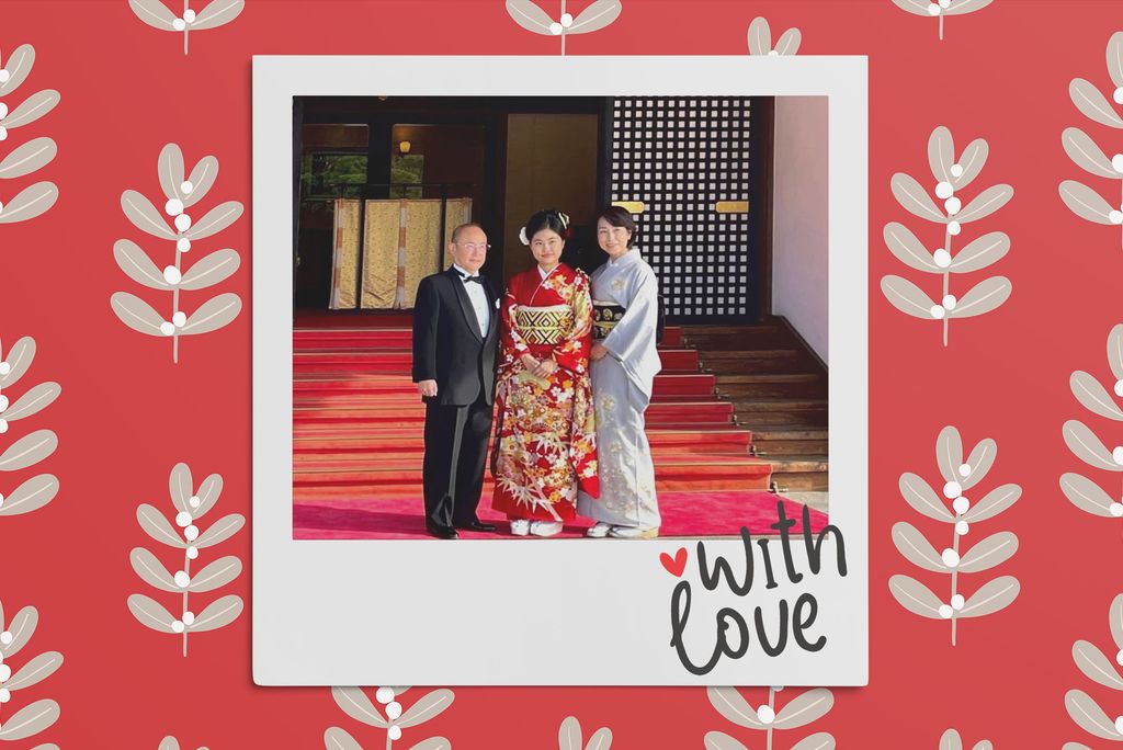 Image: Polaroid style photo of a Japanese mother, father, and daughter in front a shrine. The man wears a suit while the mother and daughter wear traditional kimonos. Polaroid is placed on a red background with a pattern of muted green sprigs of leaves.