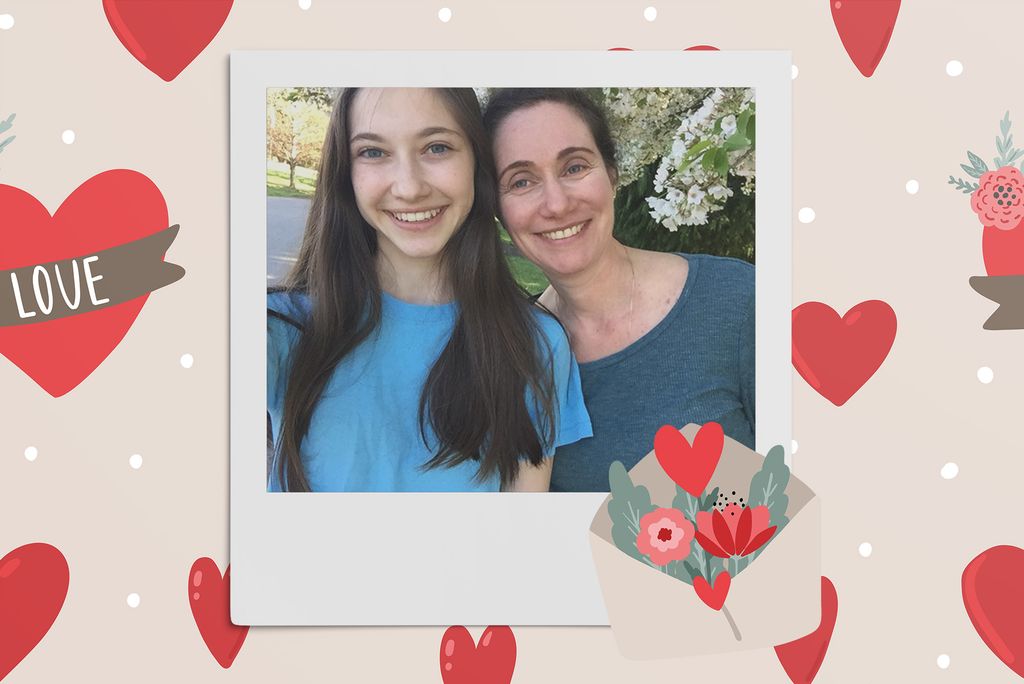 Image: Polaroid style selfie photo of a white mother and daughter outside on a warm spring day.  Polaroid is placed on a dark tan background with a pattern of red hearts and white dots. One heart has a dark brown banner that reads "love" in white.