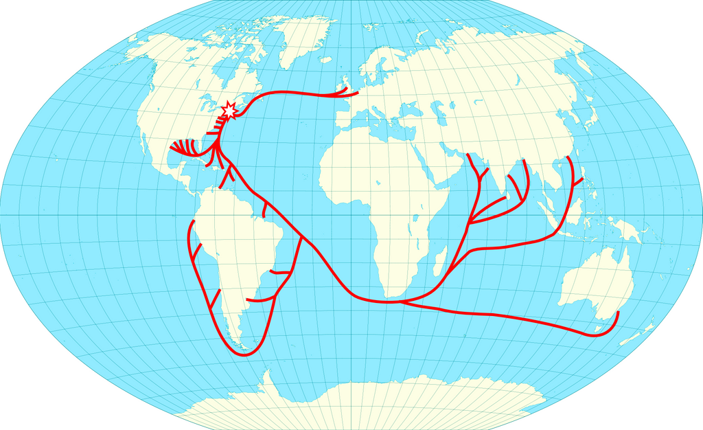 Image of the Map of the world in a Winkel tripel projection centered on the Prime Meridian. Map shows a flat image of Earth with various red lines connecting countries and continents. 