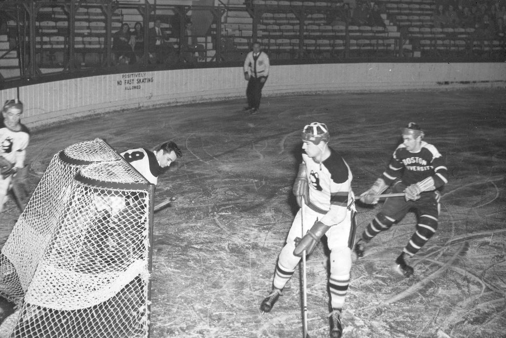 Boston University and Northeastern during a 1949 game at Boston Arena (now Matthews Arena), then home to both teams. The Terriers and Huskies have been competing against each other since 1943.