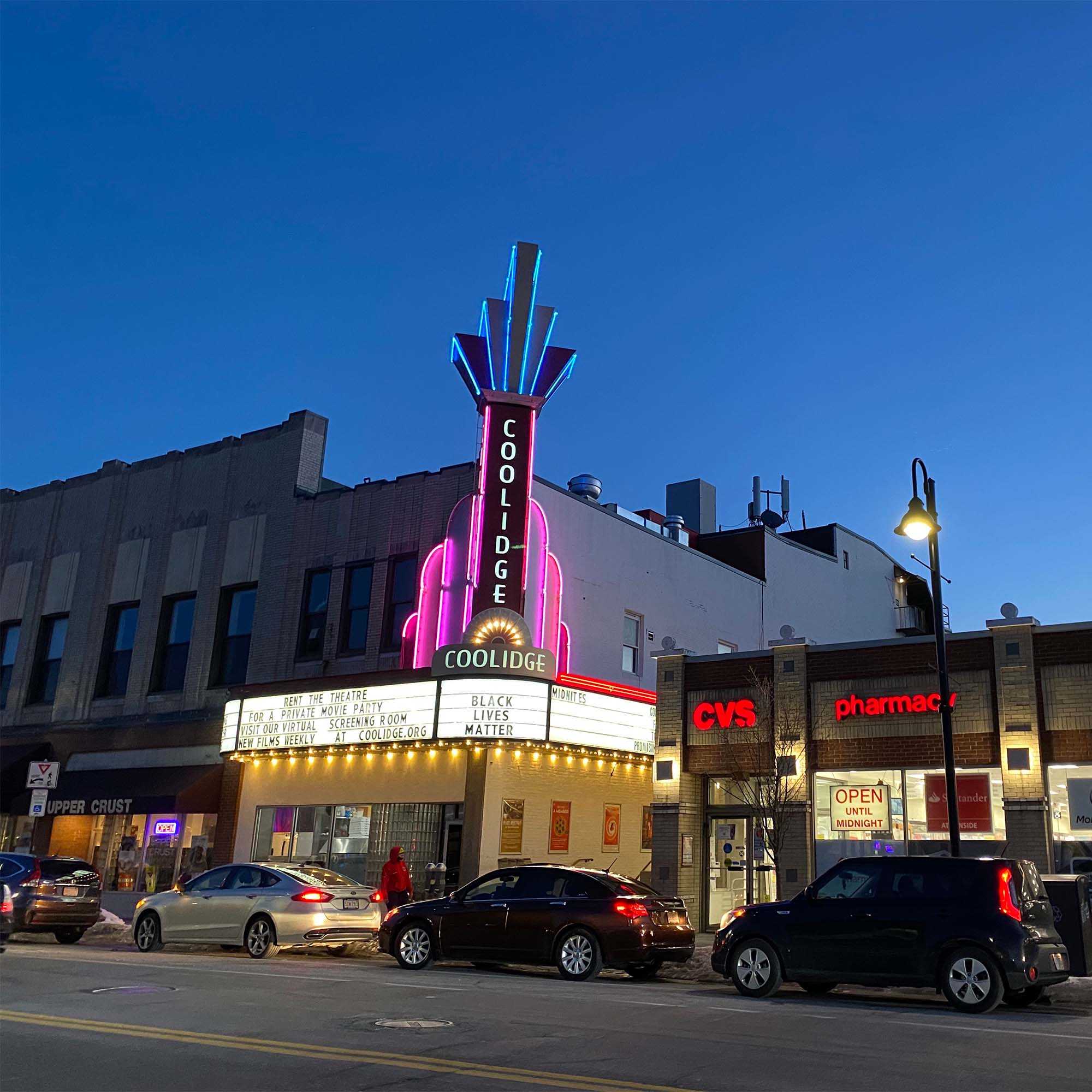 Coolidge Corner Theatre at dusk