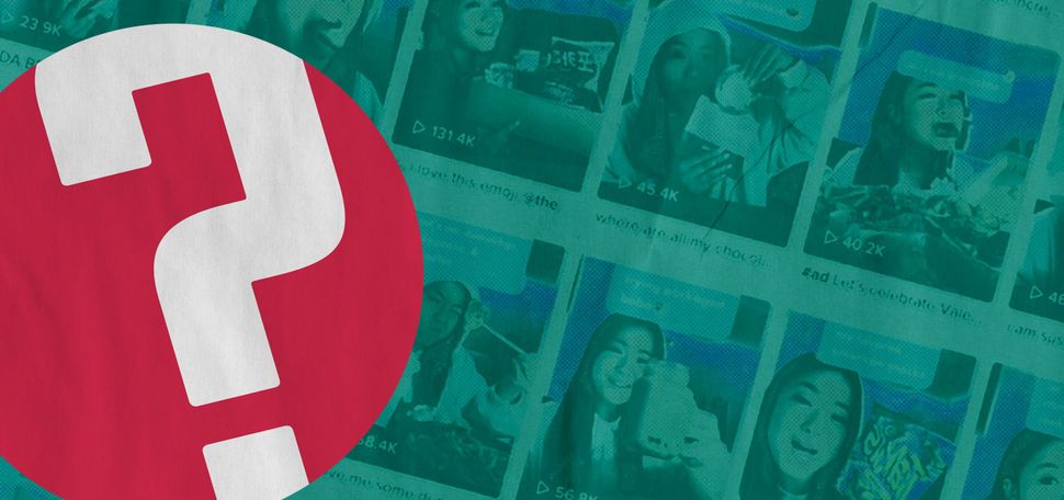 composite image of a red question mark on top of a green background with photos of Irene Kim's Tiktok page thumbnails