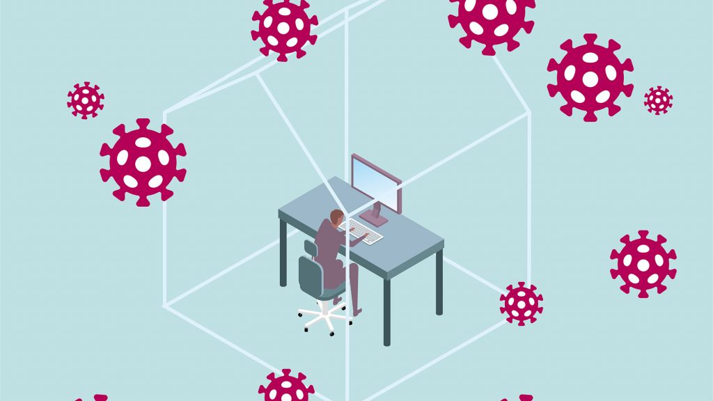 Vector illustration of a business person sitting at a desk in the middle of a clear, glass house. /the outside is filled with cartoon vector depictions of the coronavirus