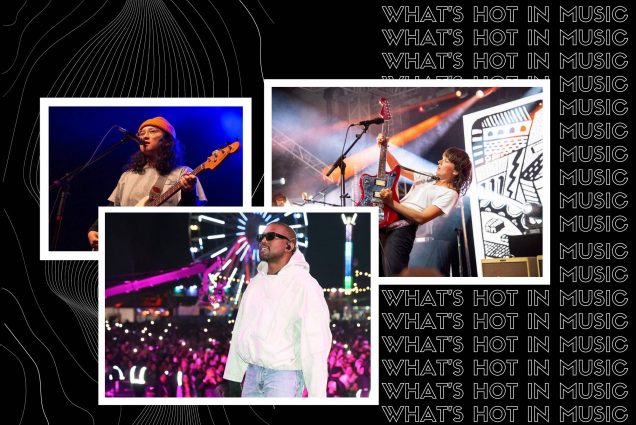 Image: collage of artists releasing music in february 2021. Black background with outline-font white lines features photos of Ye (formerly Kanye West), Courtney Barnett , and Mitski all performing in concert on polaroid-style borders. Text on right behind image reads "What's Hot in Music"