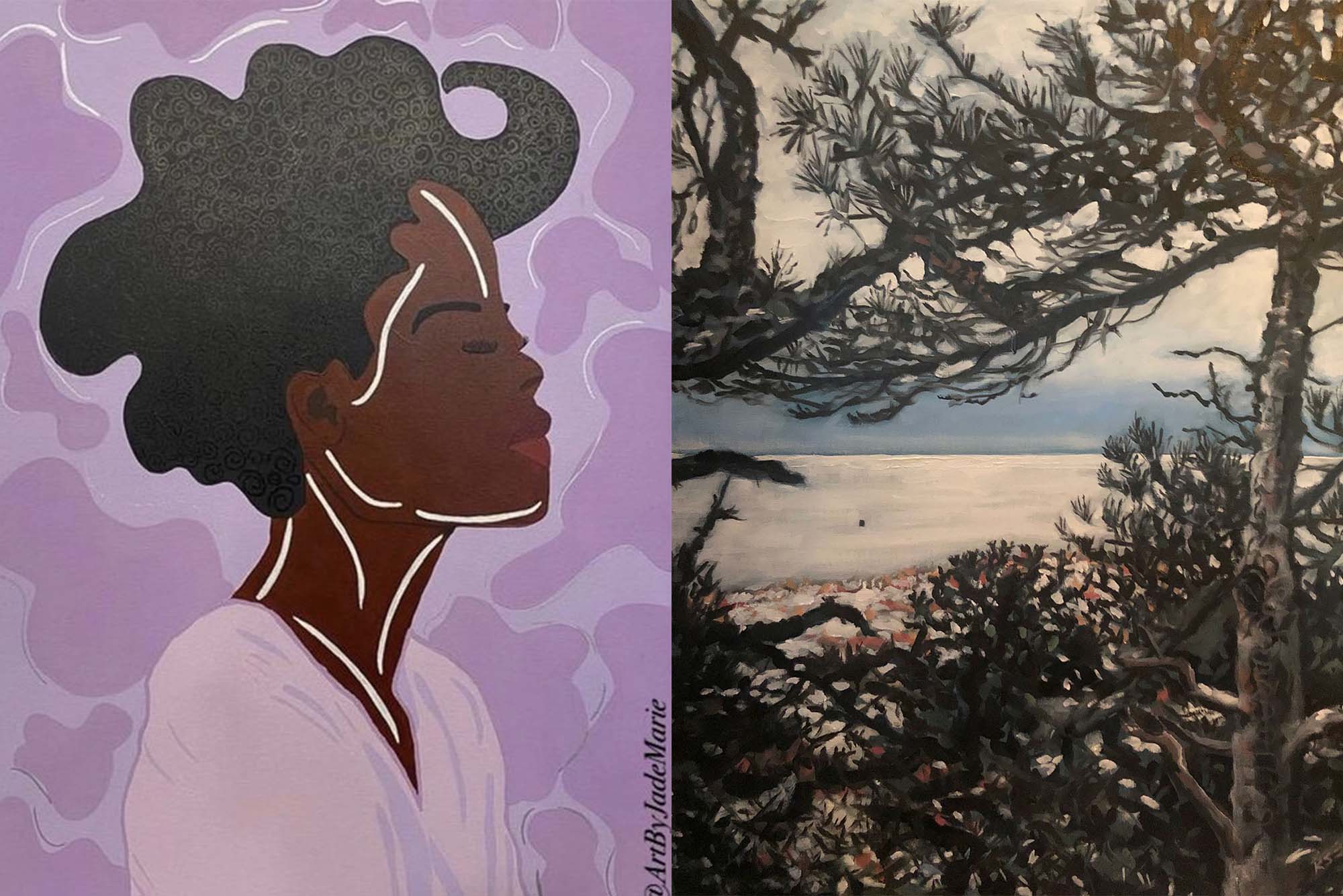 Composite image. At left, photo of a painting by Jade Nortey, featuring an abstract portrait of a Black woman with wavy flowing hair. She smiles contently in front of a purple and pink swirling background. At right, Shaffer's landscape painting which features snowy pines. The sky color is very dull tan and the branches of the pine in the foreground have some snow on them.