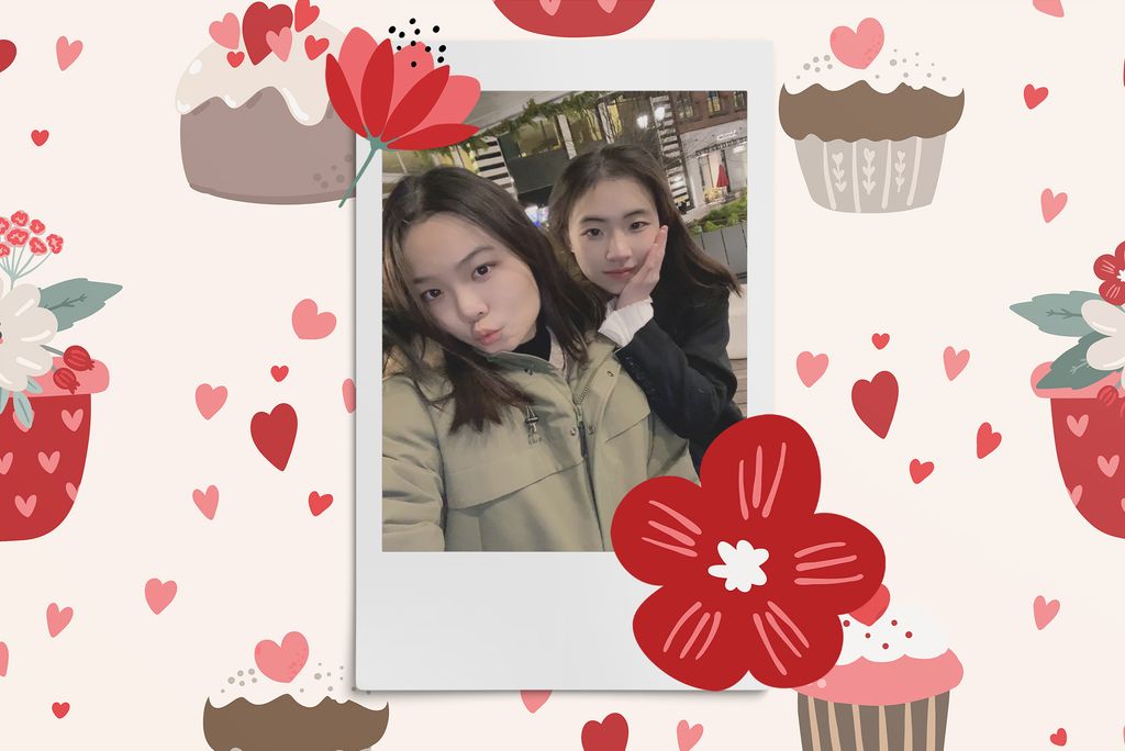 Image: Polaroid style selfie photo of 2 asian women making cute poses for the camera. Polaroid is placed on a background of red and pink hearts, cupcakes, flowers, and rainbows.