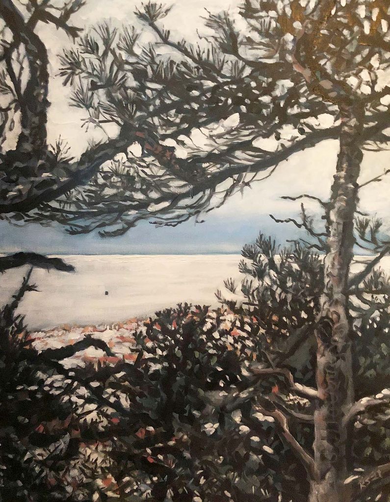 Shaffer's landscape painting which features snowy pines. The sky color is very dull tan and the branches of the pine in the foreground have some snow on them. 
