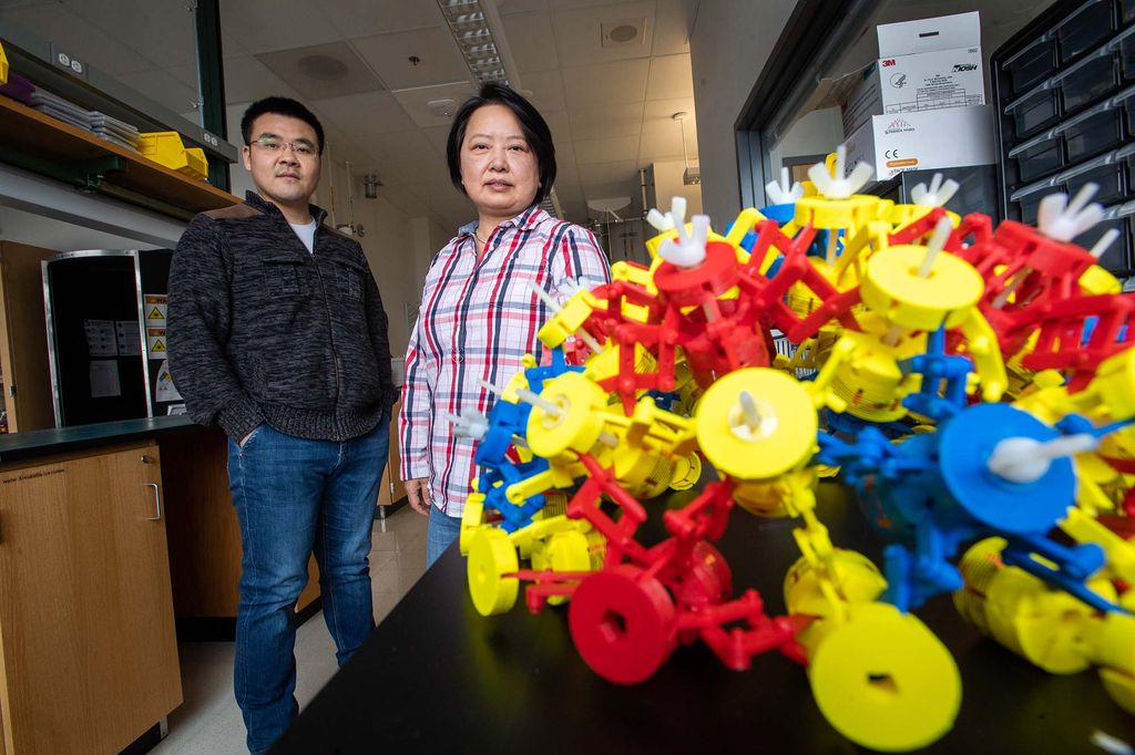 Photo of Engineering professor Xin Zhang, at right with PhD student Ke Wu, standing next to a helmet-like device made of a magnetic metamaterial that, when worn in a magnetic resonance imager (MRA), can boost the machine's signal-to-noise ratio, yielding a higher quality image. The hat is made of materials in red, yellow, and blue.