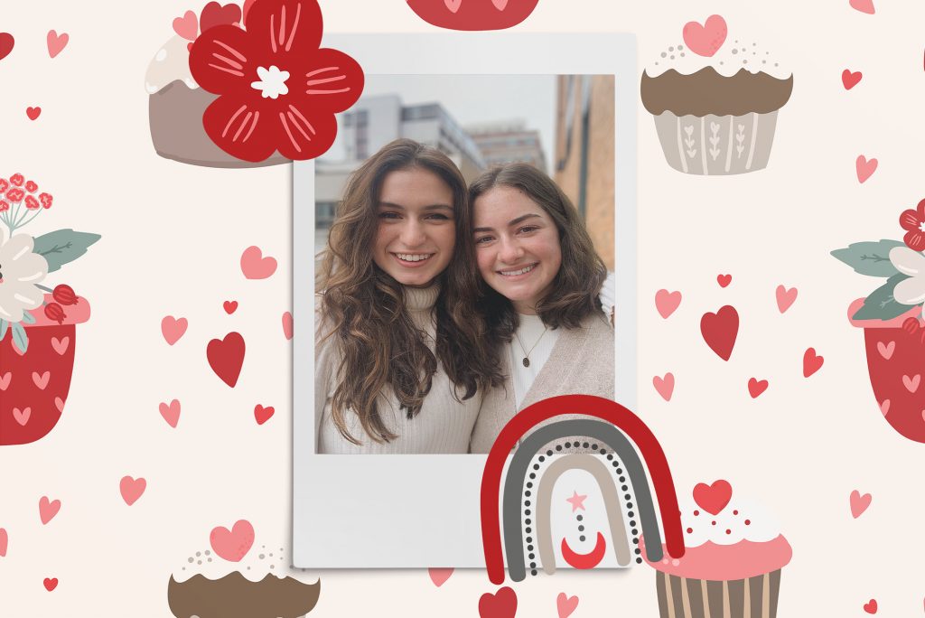 Image: Polaroid style photo of 2 white women look forward and smile to the camera. Polaroid is placed on a background of red and pink hearts, cupcakes, flowers, and rainbows.