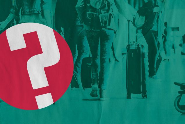 Photo of passengers rolling suitcase as they walk through an airport terminal. The photo has a teal and bad printer effects overlay, which makes the photo look as though it was poorly printed. The red question of the week logo is overlaid.