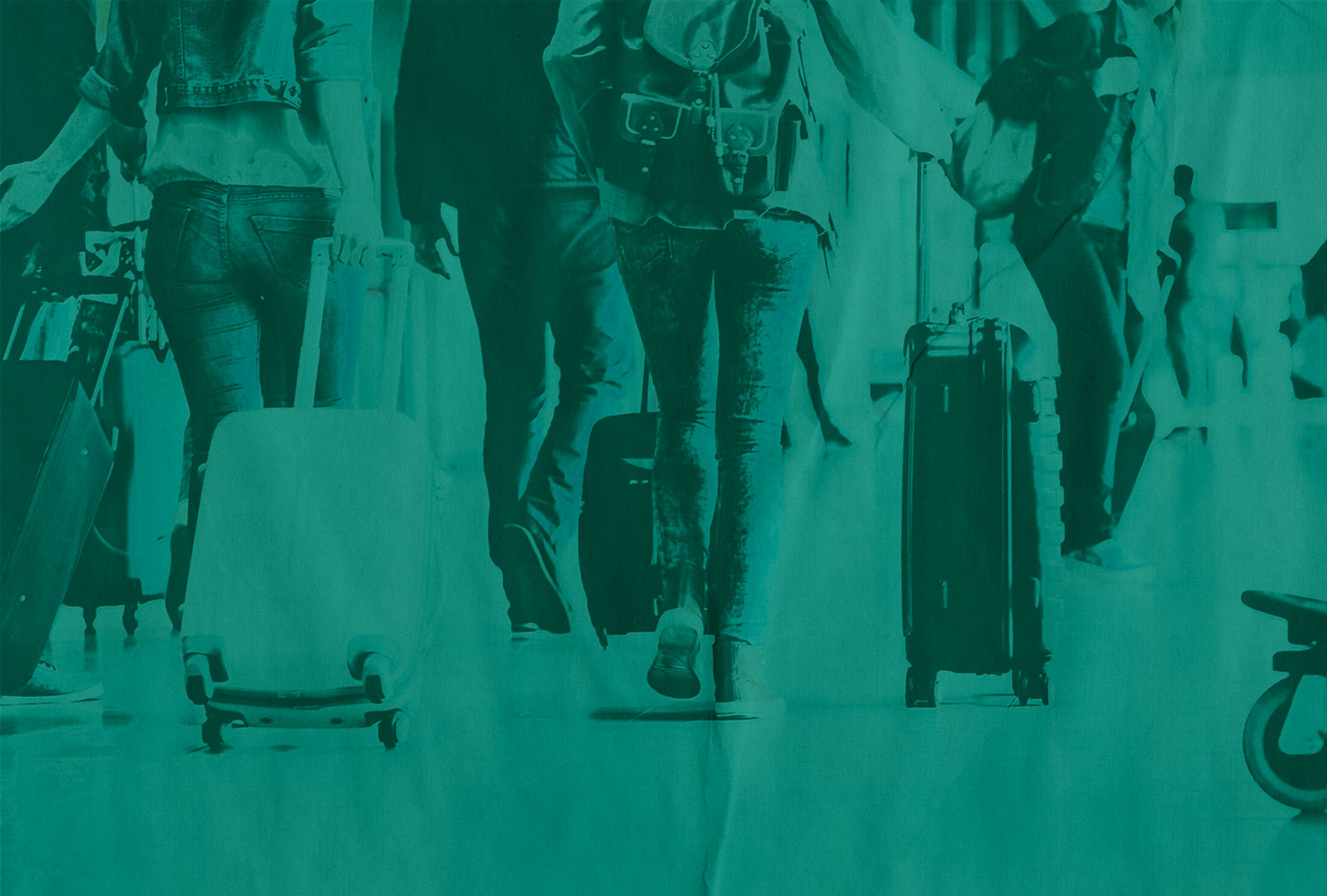 Photo of passengers rolling suitcase as they walk through an airport terminal. The photo has a teal and bad printer effects overlay, which makes the photo look as though it was poorly printed.