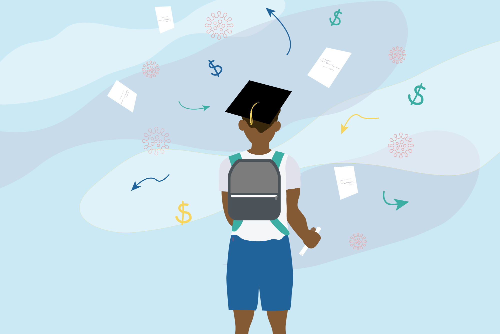 Illustration of a student standing in a black graduation cap, diploma in hand, with a gray backpack and blue shorts, looking of into a cloud of uncertainty. The cloud has pieces of paper flying, arrows, coronavirus icons, and money signs, to signify the difficulty of finding a job after graduating in 2020.