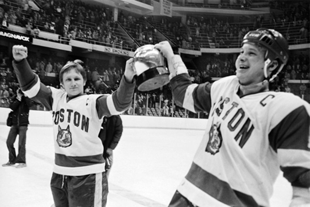 Captains Brian Durocher (Wheelock’78) (left) and Jack O’Callahan (CAS’79) hoisting the 1978 Beanpot trophy. The tournament was delayed that year by the historic Blizzard of ‘78. The two captains helped BU claim its third national championship of the decade that year.