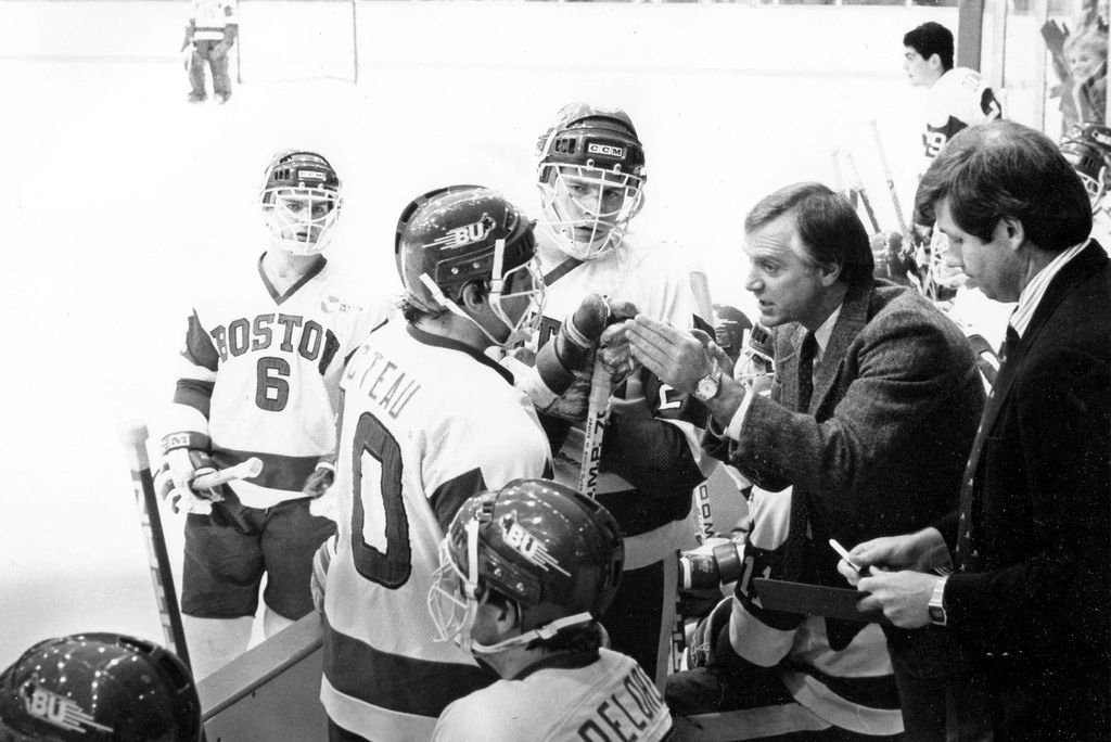 During his 40-year BU coaching career (1973-2013), Jack Parker (Questrom’68, Hon.’97) had the most wins by any coach at one school—897, more than half of the program’s all-time victories. He began coaching the team at just 28 years old. Here: Parker and his team during the 1984-85 season.