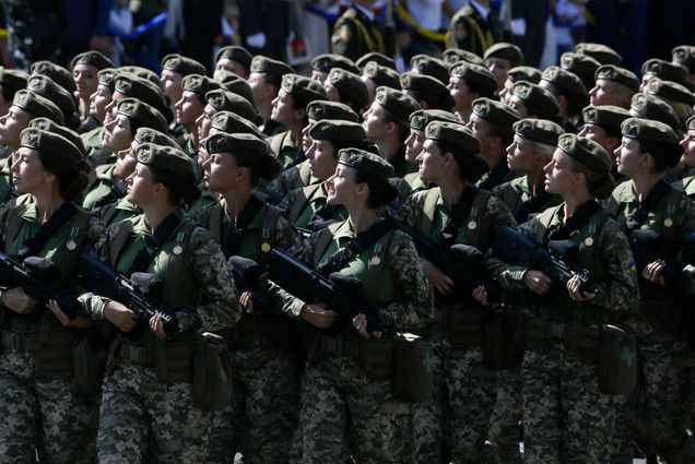 female Ukrainian soldier march in formation