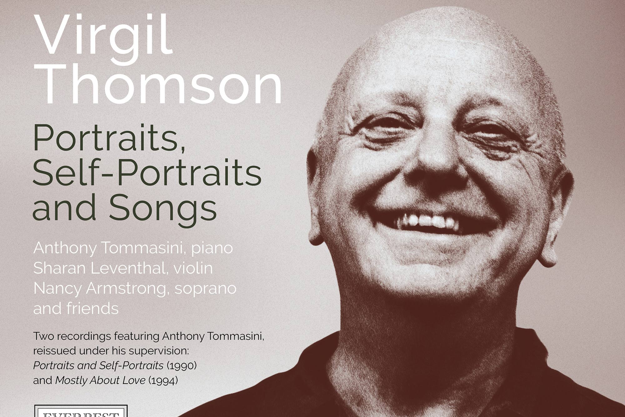 Album cover for "Portraits, Self-Portraits and Songs" a new CD reissue. A black and white photo of Virgil Thompson is on the right.