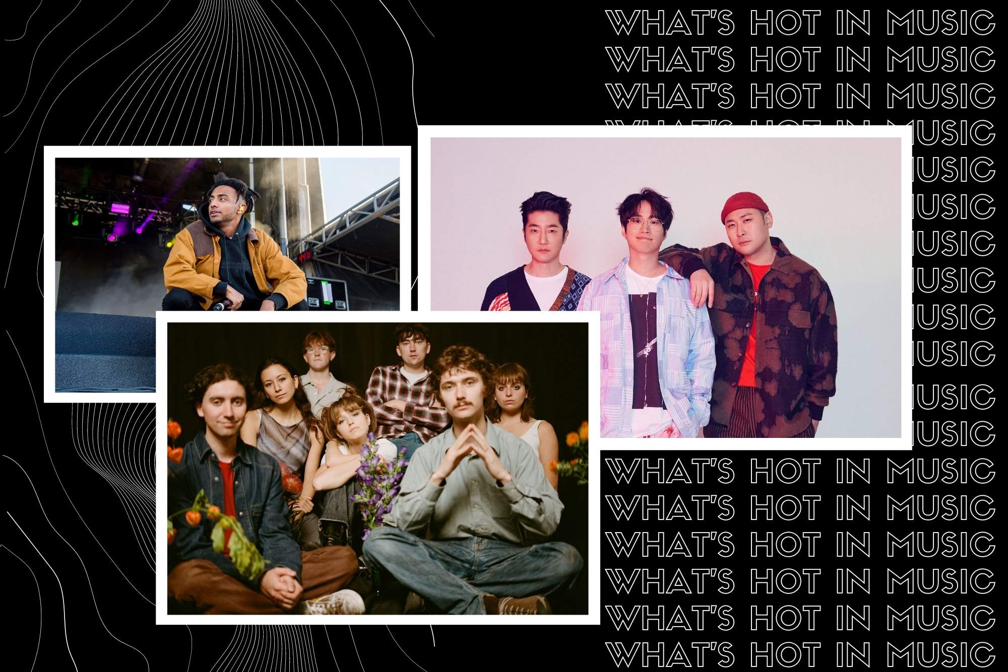 Image: collage of artists releasing music in march 2022. Black background with outline-font white lines features photos of Aminé, Black Country, New Road, and Epik High. Aminé is seen performing in concert on polaroid-style borders while the groups Black Country, New Road and Epik High poses in front of backdrops in their individual polaroid-style borders. Text on right behind image reads "What's Hot in Music"