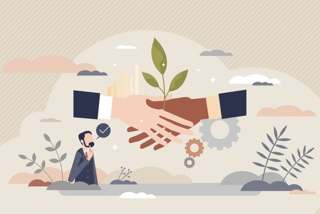 Vector illustration of symbolic sustainable partnership and environmental friendly business. 2 hands, one white and one brown, shake hands with green leaves between their hands. They're on a background of various brown clouds and leaves as a businessman looks at the hands with an approving look.