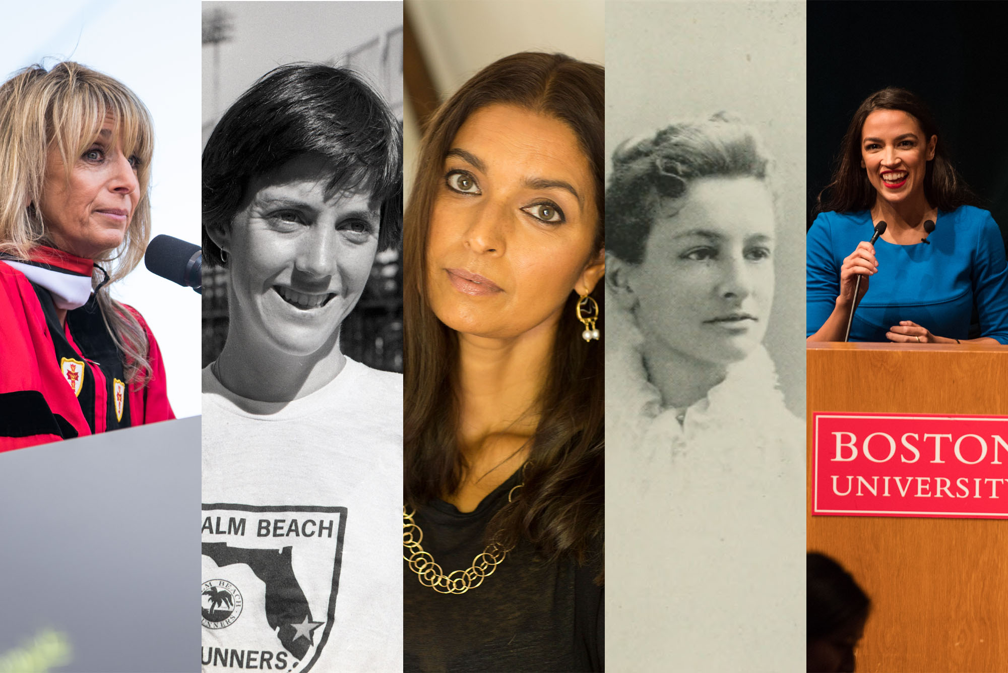 Collage of 5 photos of various women BU alums. Photos from left to right of: Bonnie Hammer, Joan Benoit Samuelson, Jhumpa Lahiri, Lucy Wheelock, and Alexandria Ocasio-Cortez