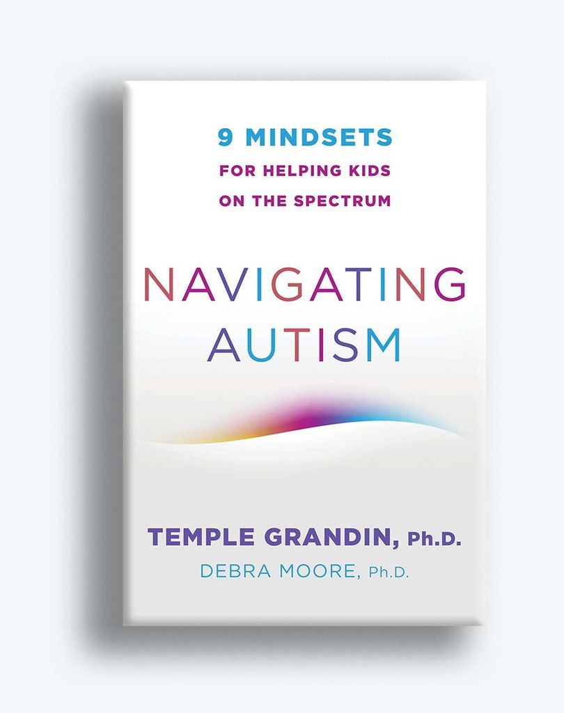 Cover of Grandin's recently co-authored book, Navigating Autism. On the cover, teal and purple text read "9 Mindsets for helping kids on the spectrum: Navigating Autism, by Temple Grandin, ph.d. and Debra Moore, M.D." The cover is mostly white with a gradient wavy line at the center. 