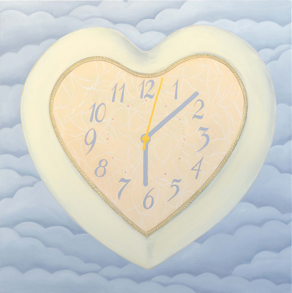 Image: Painting of a pale yellow heart-shaped clock over a background of light gray clouds.