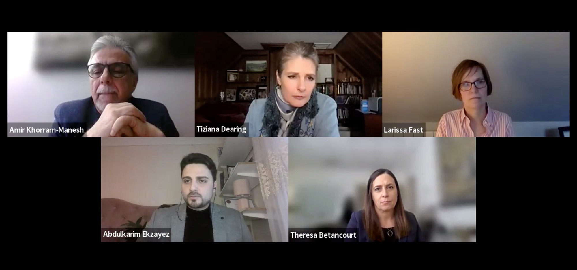 Screenshot of the Health Consequences of War seminar participants Amir Khorram-Manesh, University of Gothenberg (clockwise, from top left); Tiziana Dearing, host of WBUR’s Radio Boston; Larissa Fast, University of Manchester; Abdulkarim Ekzayez, King’s College London; and Theresa Betancourt, Boston College.