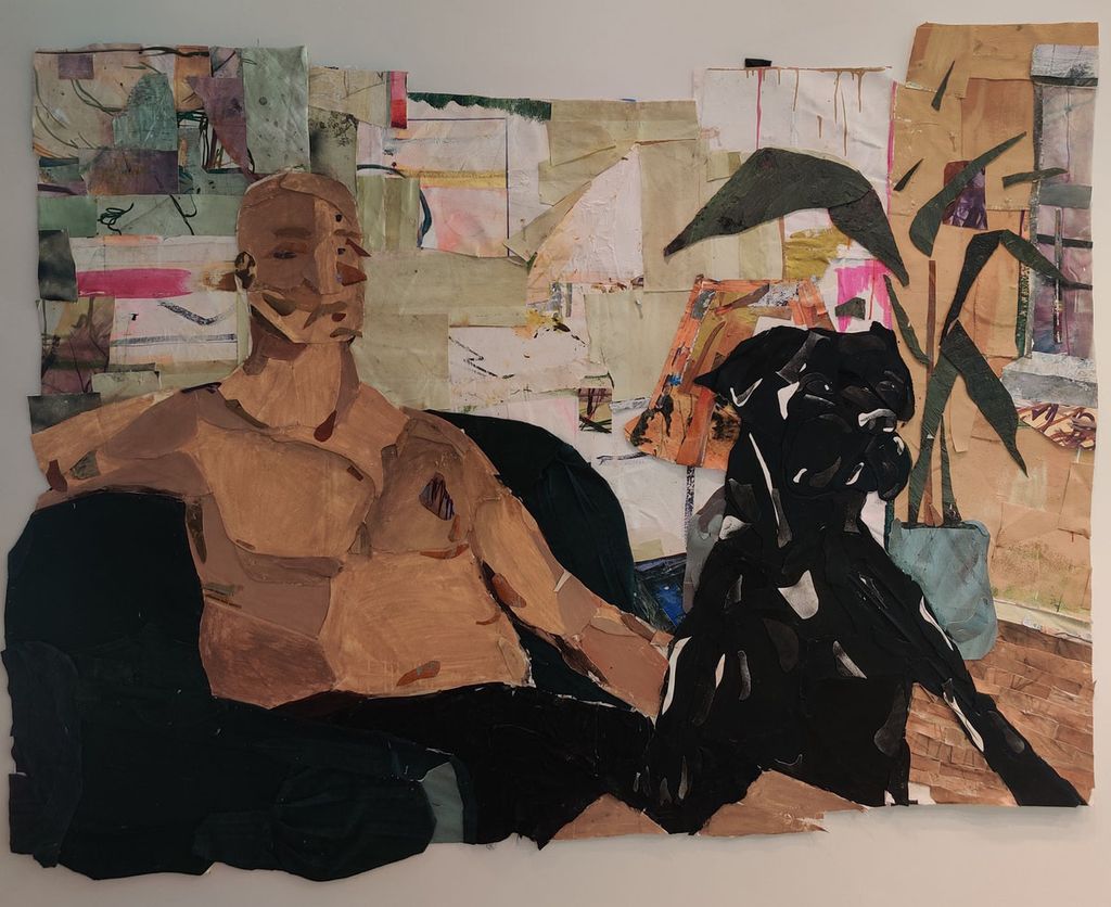 Image: Abstract painting of what seems to be a shirtless man sitting on a couch in an apartment as he looks towards a black blob.