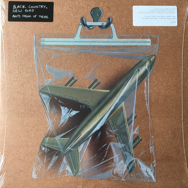 Album cover of Black Country, New Road's album "Ants from Up There". Image shows a toy metal airplane in plastic bag and hanging from a hook on a square cork board.