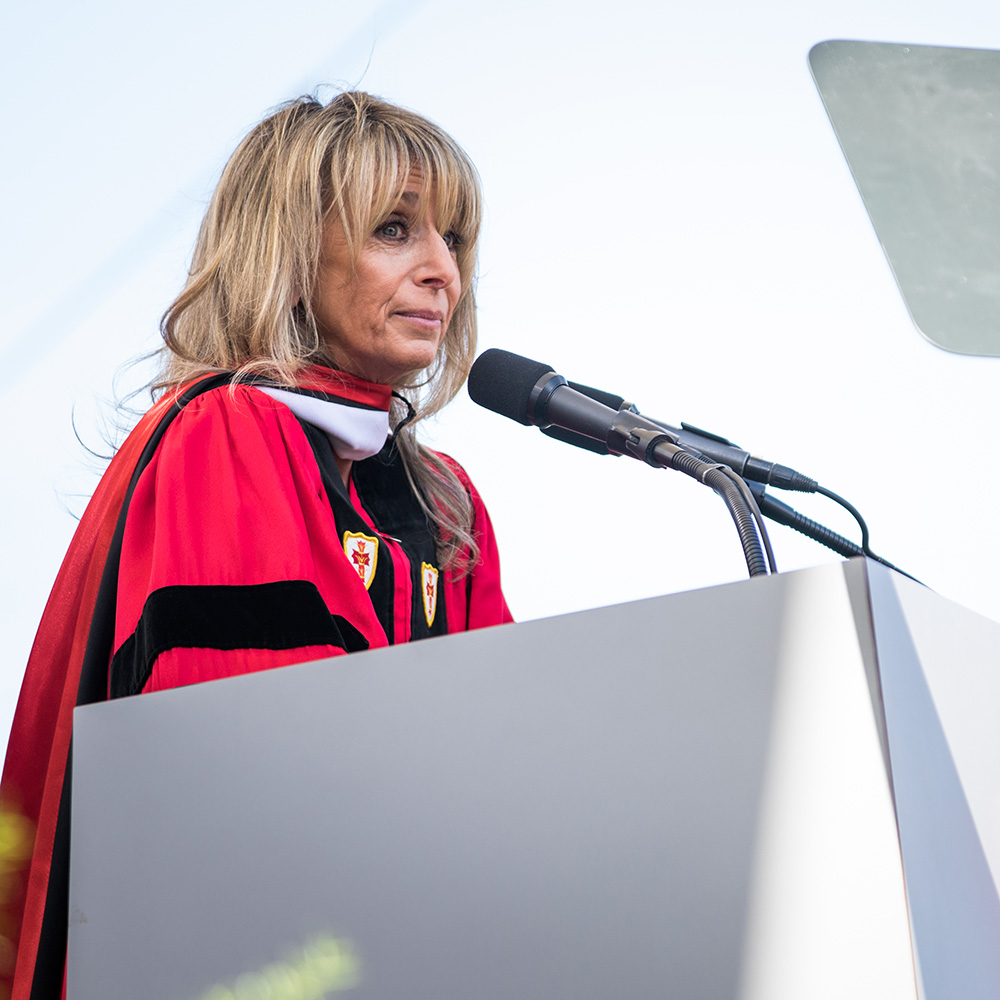 Bonnie Hammer, chair of NBCUniversal Cable Entertainment Group, delivers the commencement address at the 2017 BU Commencement