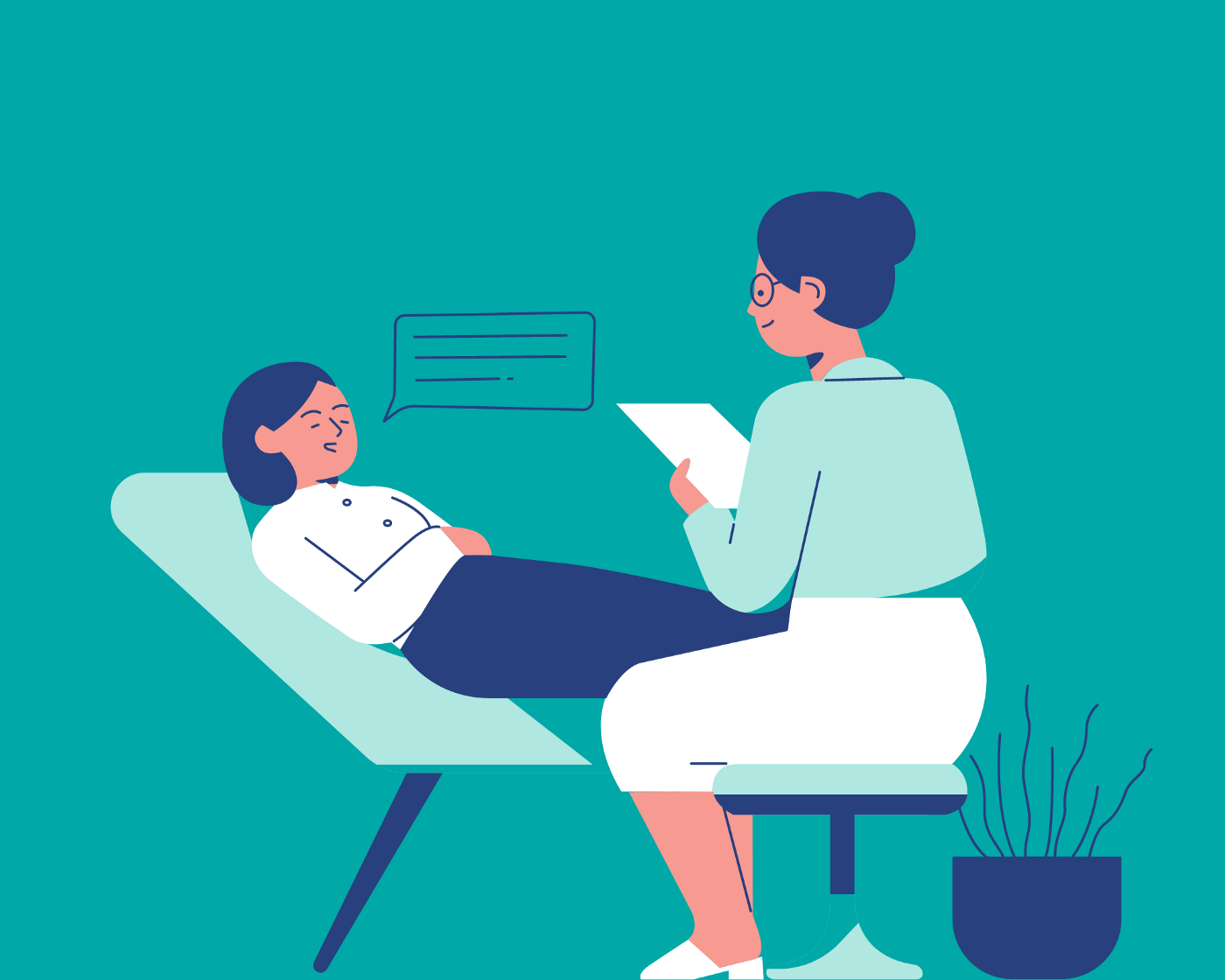 Vector illustration of a person lying in a chair or couch during a therapy session. They seem to be speaking to a therapist sitting in a chair next to them taking notes.