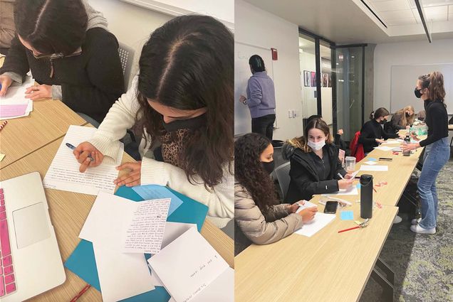 Composite image: at left, a photo of two young women, students, writing letters to incarcerated survivors of domestic and sexual violence. Cards with lots of handwritten text and colorful envelopes are scattered across the table. At right, a wide shot of a group of students sitting at a classroom table, masked, with cards and envelopes before them.