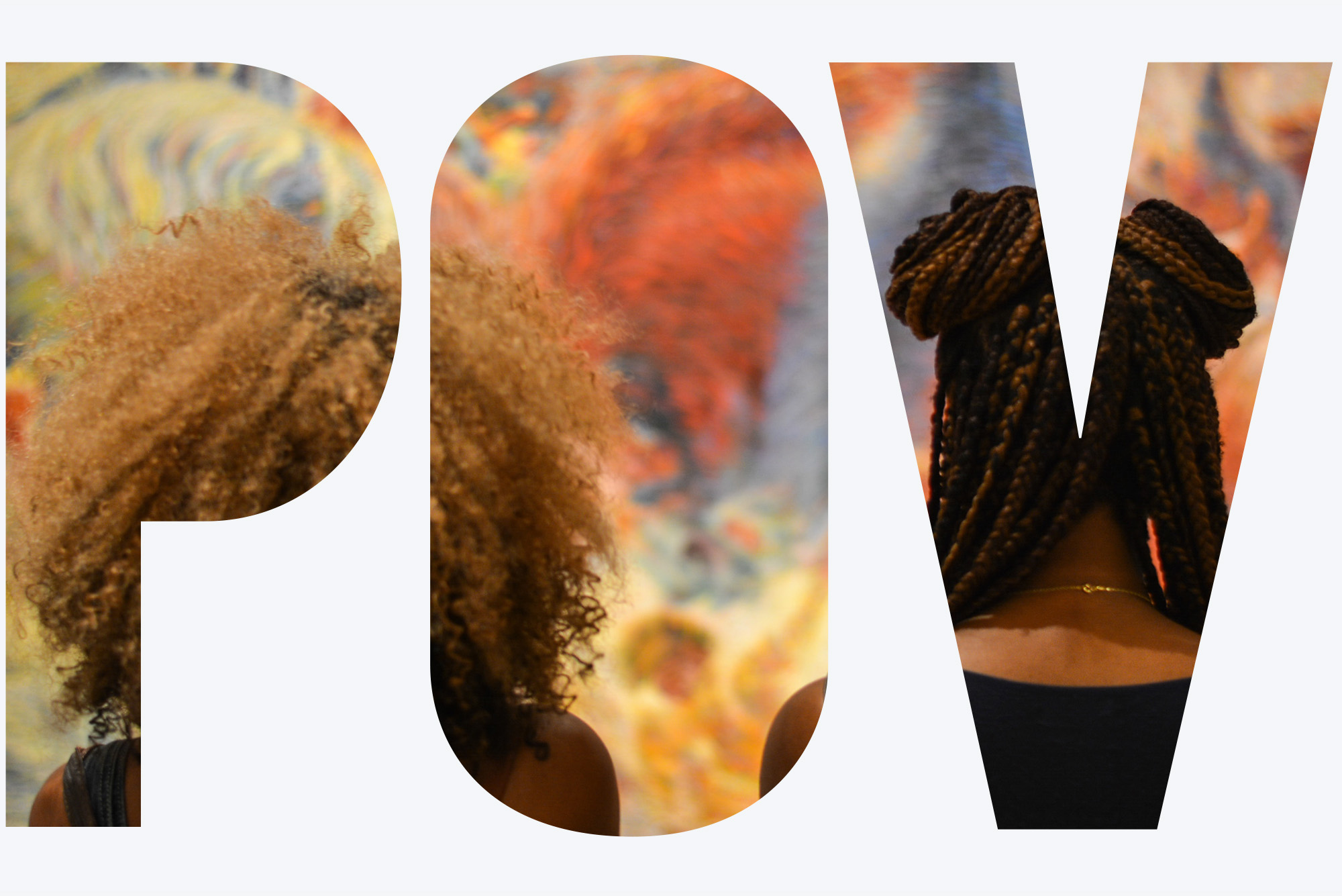 an image with the letters "POV" spelled out and the negative space is natural black hairstyles