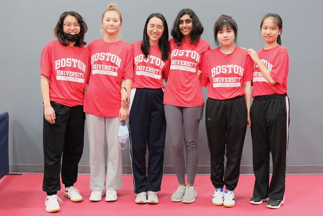 The BU Club Table Tennis Team that is on its way to Nationals in 2022. All members are wearing Red Boston University shirts.