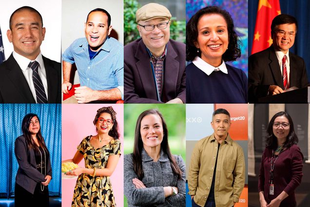 Collage: Composite image showing headshots of Asian American and Pacific Islander Boston University alumni: Leevin Camacho, Sopan Deb, Ha Jin, Manjusha Kulkarni, Gary Locke, Erica Mosca, Priyanka Naik, Gina Ortiz Jones, Thakoon Panichgul, and Christina Yu Yu. Headshots are arranged in two rows of five.