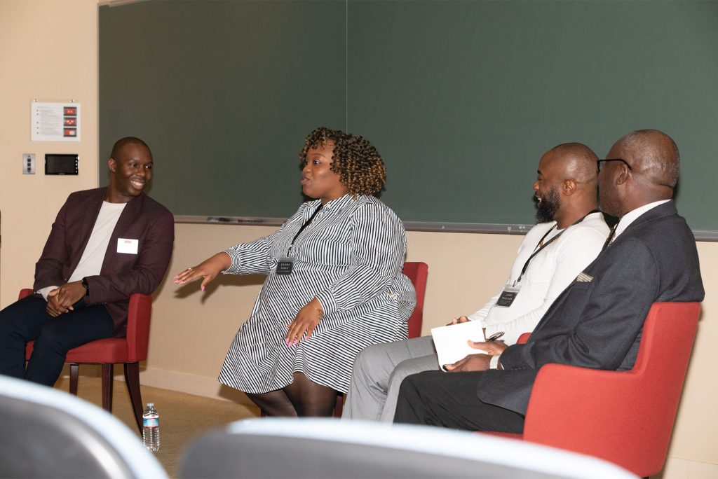 E’Lisha V. Fogle, a California State Polytechnic University professor (center left), during a panel on academic life that also featured Richard Currie, an SHA assistant professor (far left), and James Arthur Williams, a University of Tennessee professor (center right). Godwin-Charles Ogbeide, a Purdue University Northwest professor  (far right), moderated.