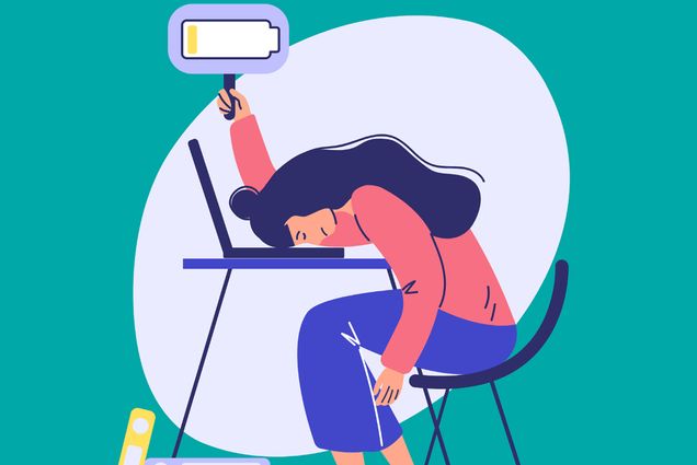 Vector illustration of a woman slumped over a laptop on her desk. She holds up a sign that shows a low battery as a stack of books lay next to her feet